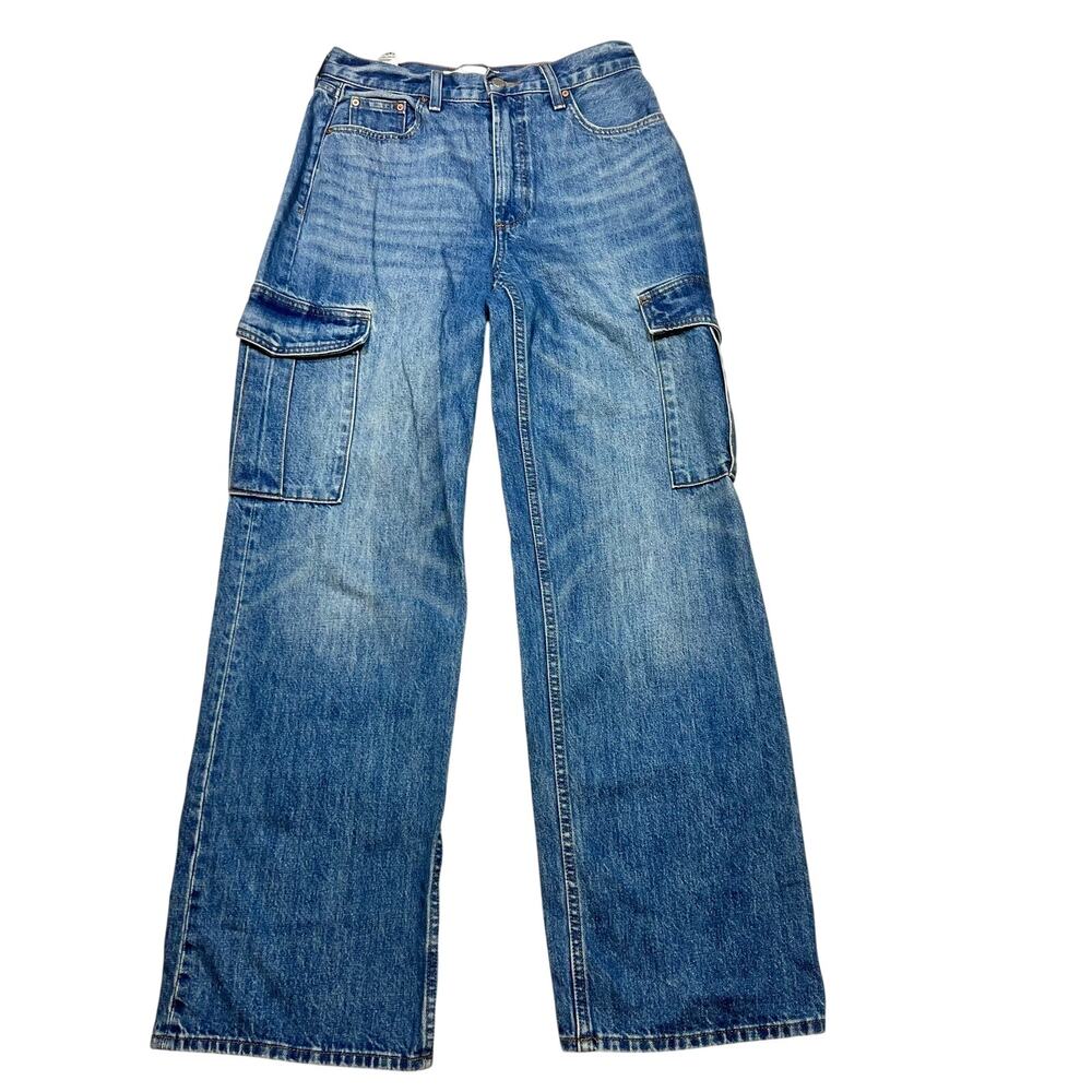 Denim Forum Aritzia The Farrah Hi Rise Cargo Jeans Womens 26 Blue Wide Leg